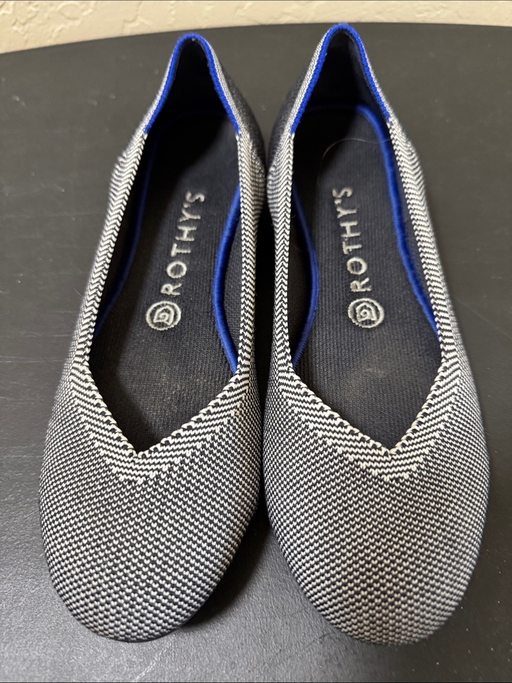 Rothy's Black & White Knit Flats with Blue Trim